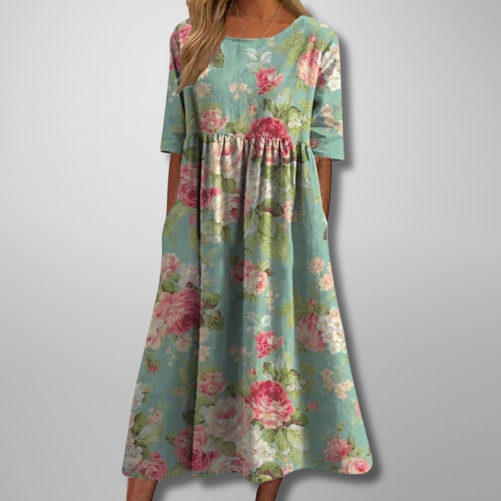 Carolyn – Elegant Floral Midi Dress with a Relaxed A-Line Silhouette