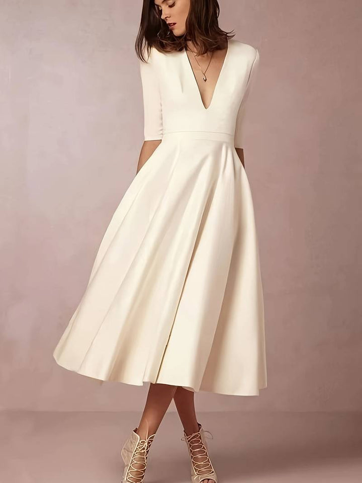 Melody – Wedding Guest Flared Midi Dress with V Neck