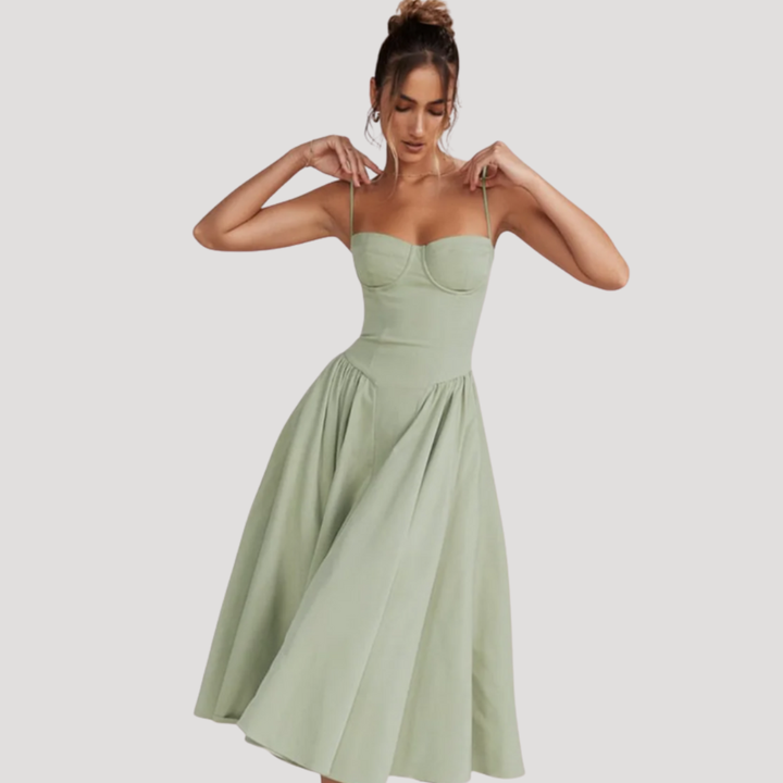 Joy – Corset Bodice Midi Dress with Pleated A-Line Skirt