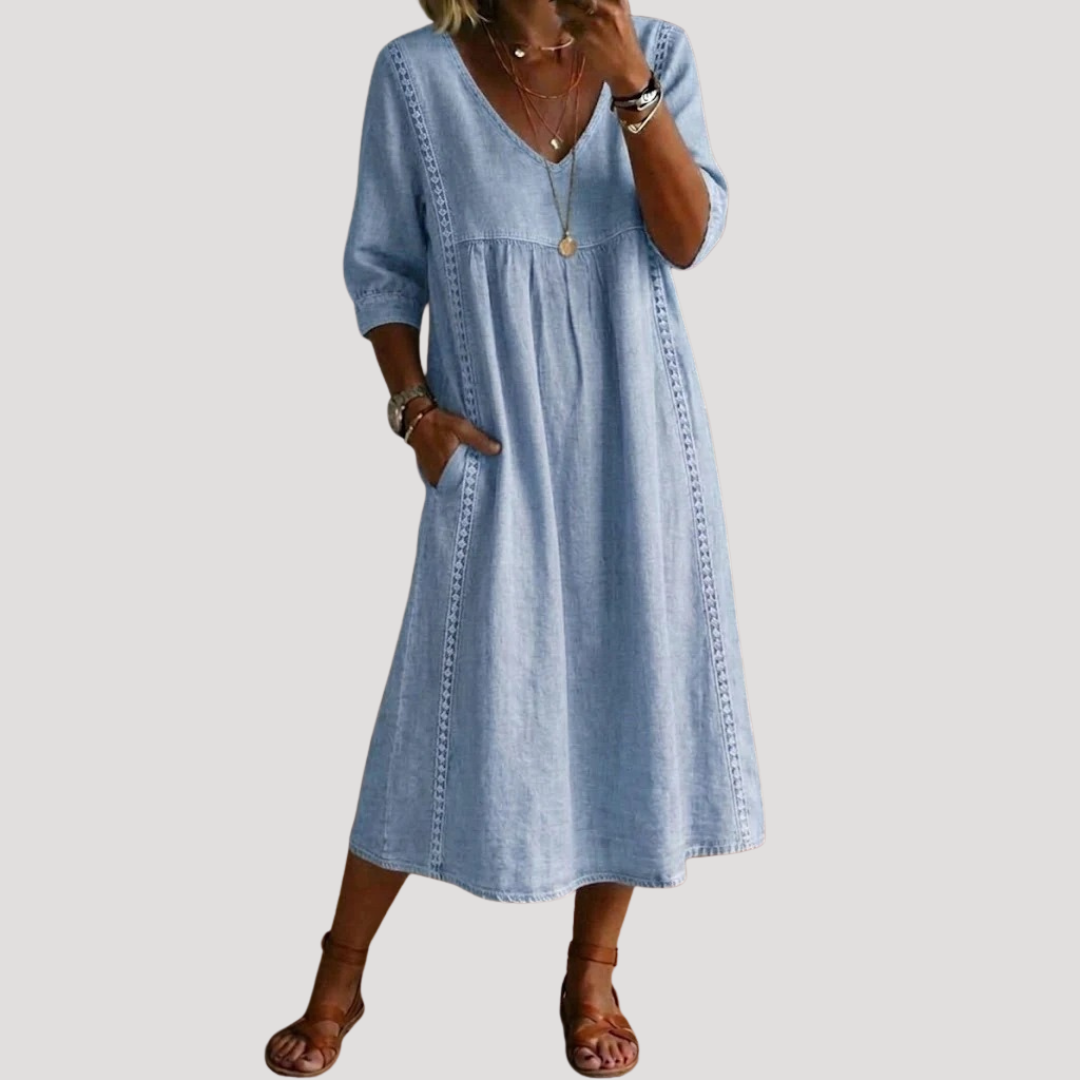 Kara – Relaxed Half-Sleeve Casual Midi Dress, Light Blue / XL