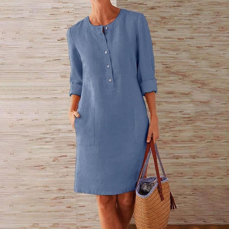 Yolanda – Button-Front Shift Dress with Side Pockets