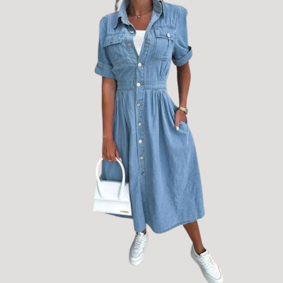 Karina – Denim-Look Shirt Dress with Cinched Waist