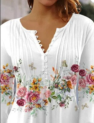 Angelica – Floral Print Pintuck Blouse with Button Placket