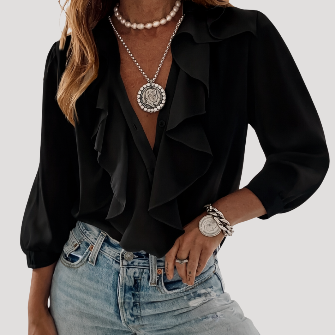 Mabel – V Neck Ruffle Front Blouse with Long Sleeves