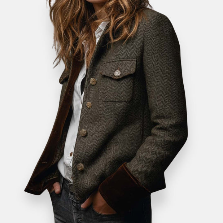 Maren – Herringbone Utility Jacket with Contrast Cuffs