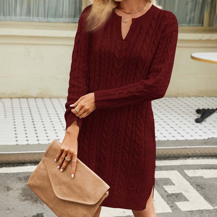 Rachael – Notched Neck Cable-Textured Mini Sweater Dress for Women