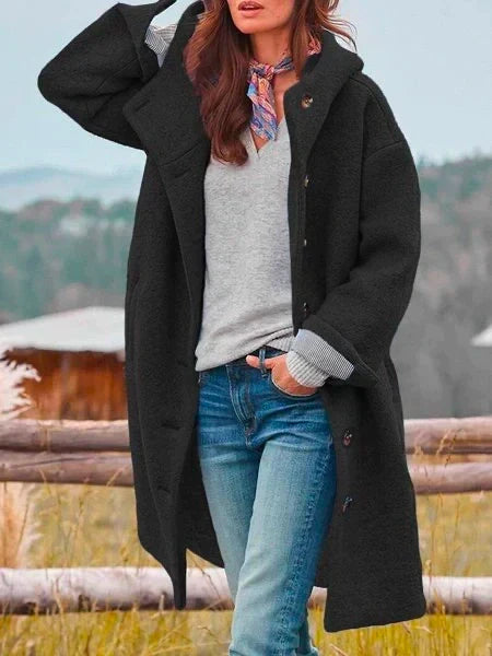 Lina – Longline Hooded Bouclé Coat with Button Front