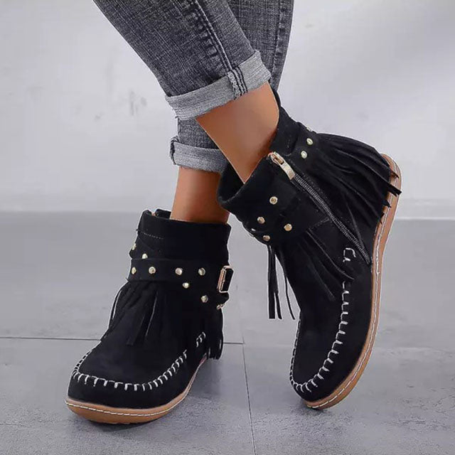 Gabrielle – Studded Fringe Flat Ankle Boots for Women