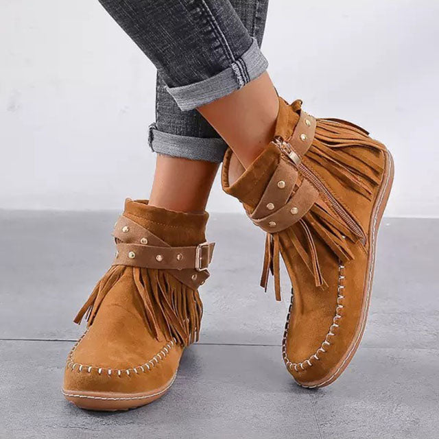 Gabrielle – Studded Fringe Flat Ankle Boots for Women