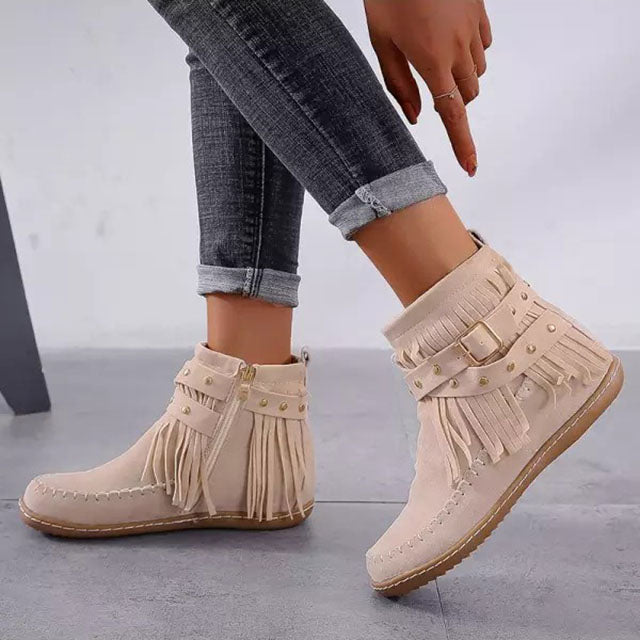 Gabrielle – Studded Fringe Flat Ankle Boots for Women