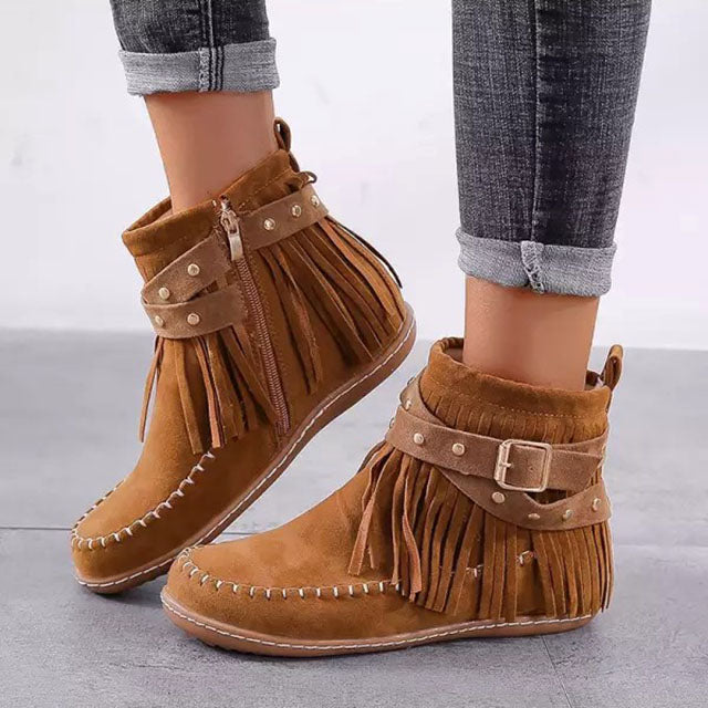 Gabrielle – Studded Fringe Flat Ankle Boots for Women