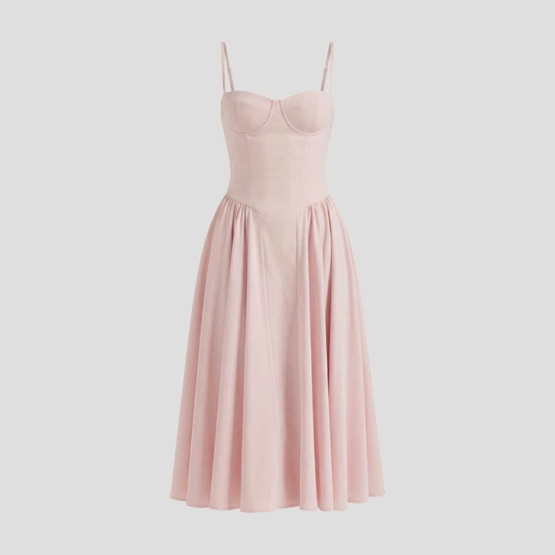 Kendra – Bustier Midi Dress with Gathered A-Line Skirt