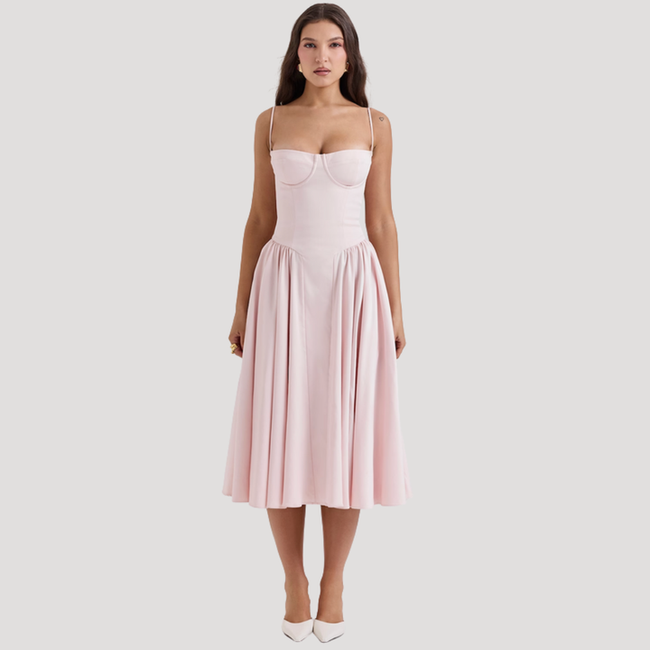 Joy – Corset Bodice Midi Dress with Pleated A-Line Skirt