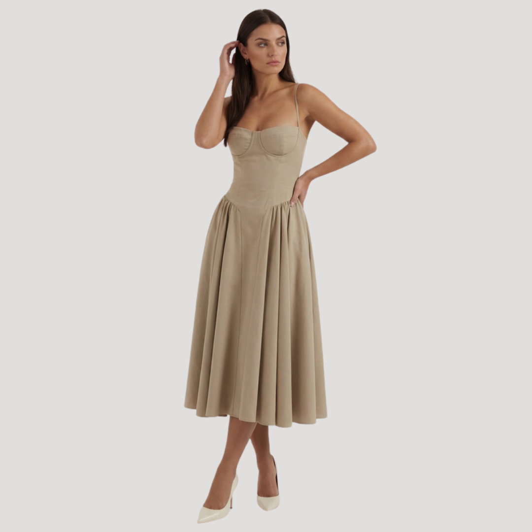 Kendra – Bustier Midi Dress with Gathered A-Line Skirt