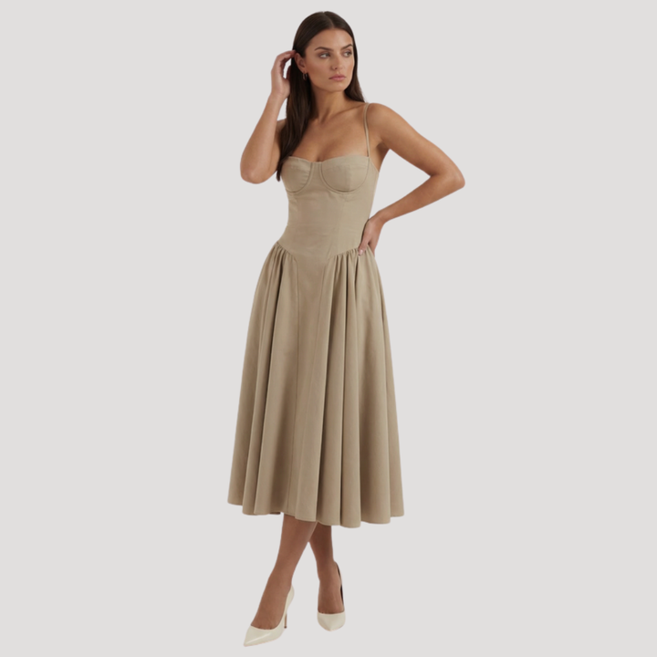 Kendra – Bustier Midi Dress with Gathered A-Line Skirt