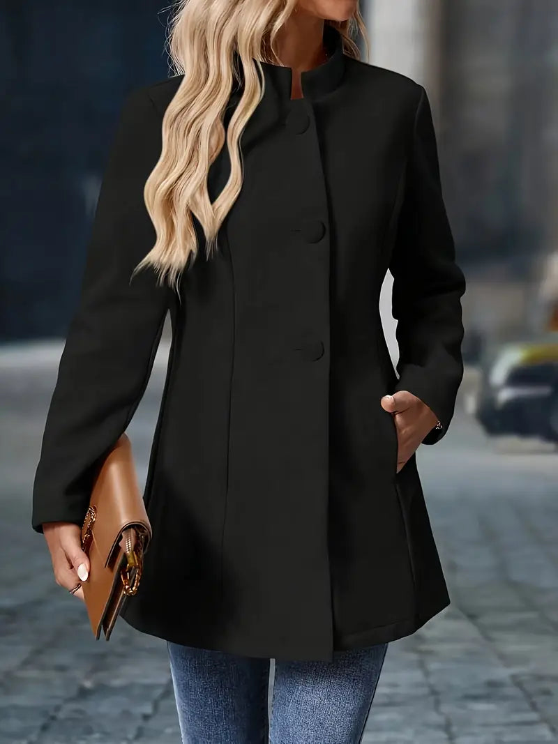 Liv – Stand-Collar Longline Blazer with Covered Buttons