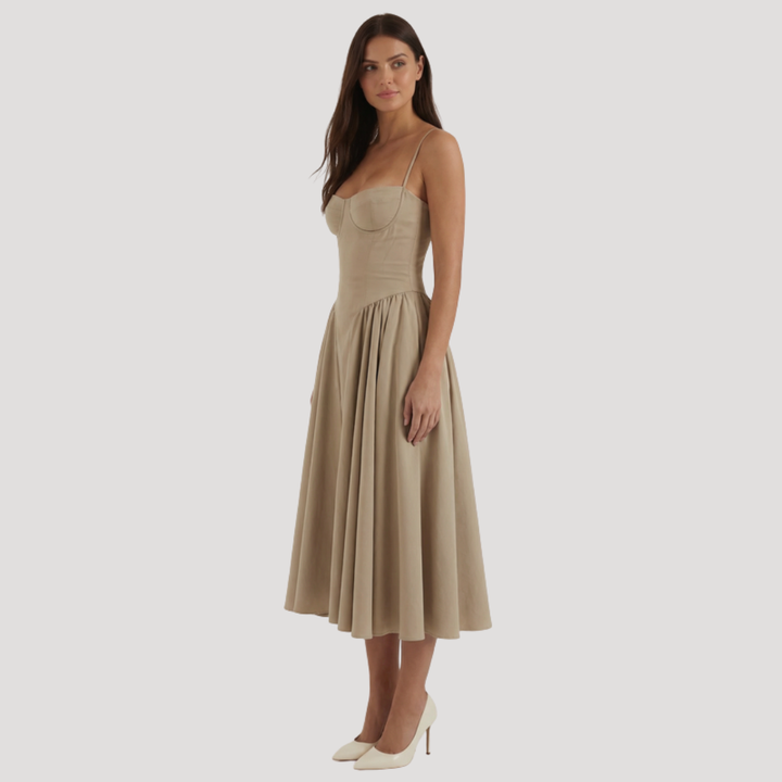Kendra – Bustier Midi Dress with Gathered A-Line Skirt