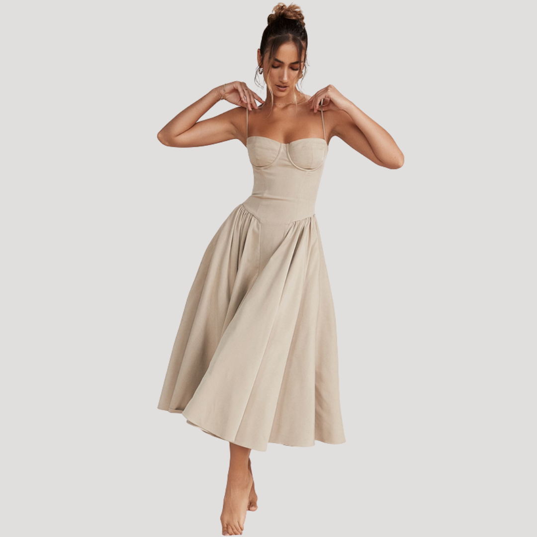 Joy – Corset Bodice Midi Dress with Pleated A-Line Skirt