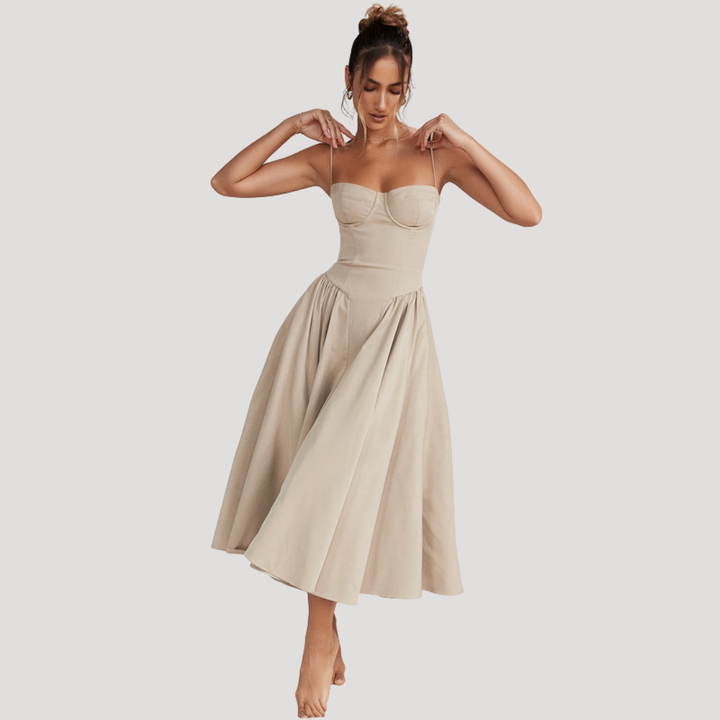 Joy – Corset Bodice Midi Dress with Pleated A-Line Skirt