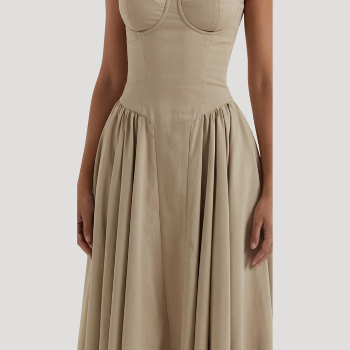 Kendra – Bustier Midi Dress with Gathered A-Line Skirt