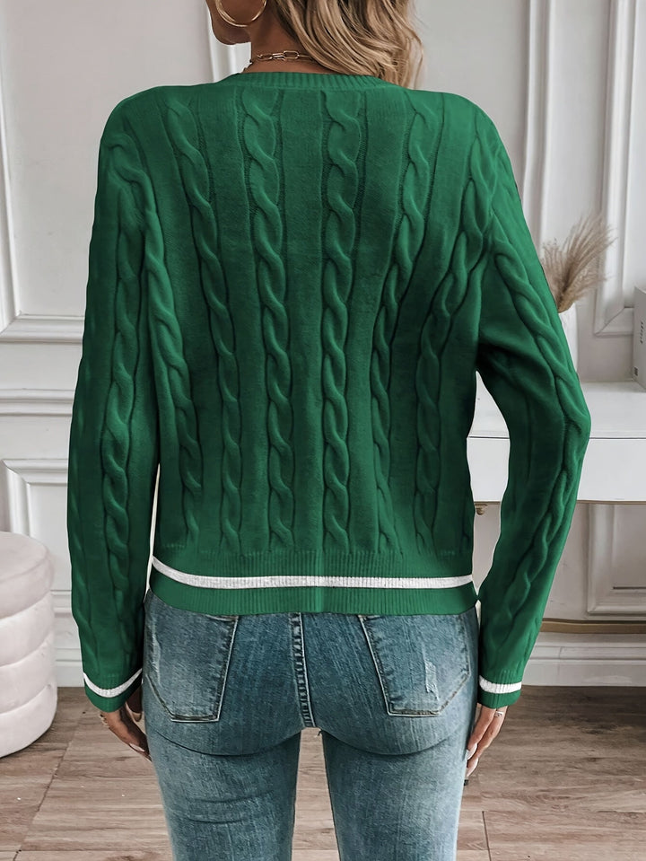 Annabeth – Cable-Stitch Button-Front Cardigan with Contrast Trim for Women