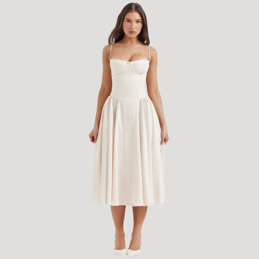 Joy – Corset Bodice Midi Dress with Pleated A-Line Skirt