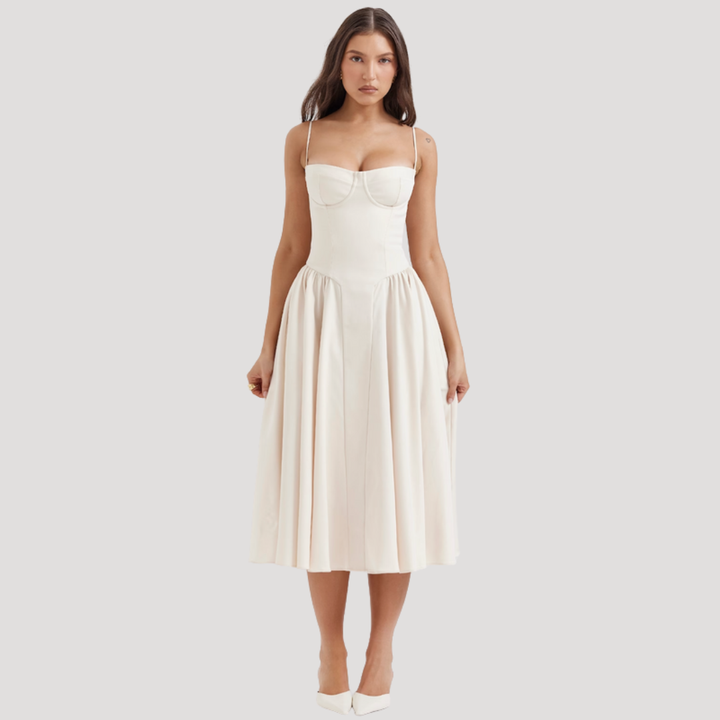 Joy – Corset Bodice Midi Dress with Pleated A-Line Skirt