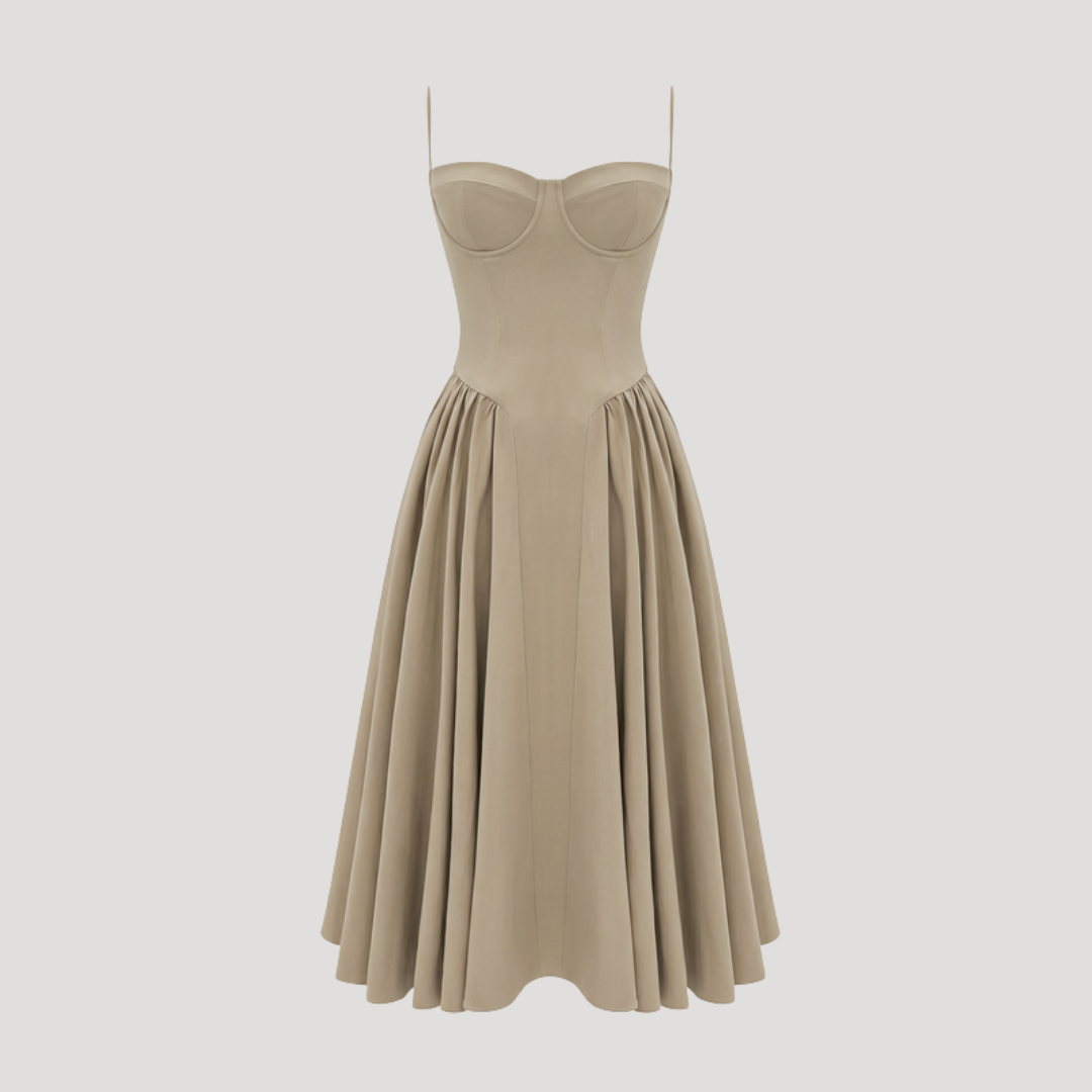 Kendra – Bustier Midi Dress with Gathered A-Line Skirt