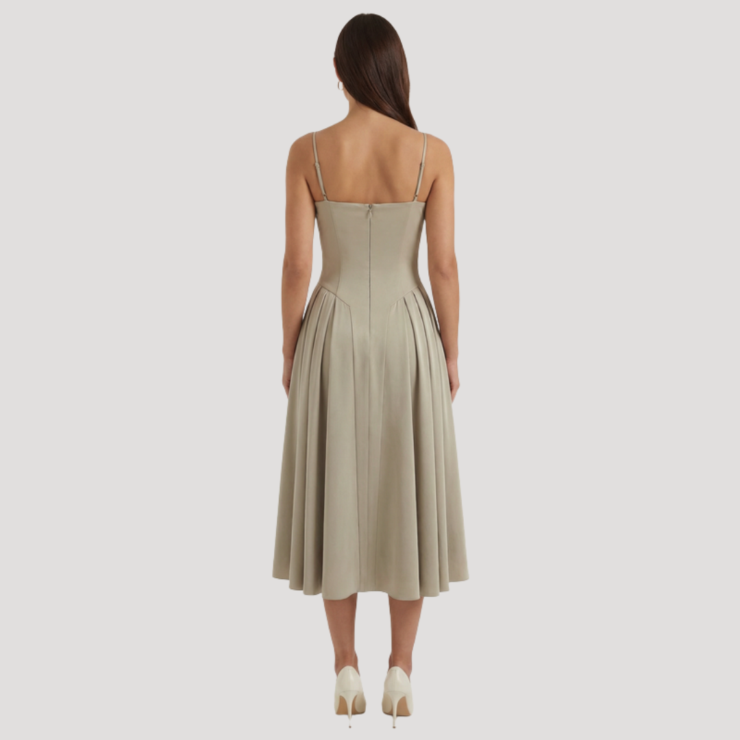 Kendra – Bustier Midi Dress with Gathered A-Line Skirt