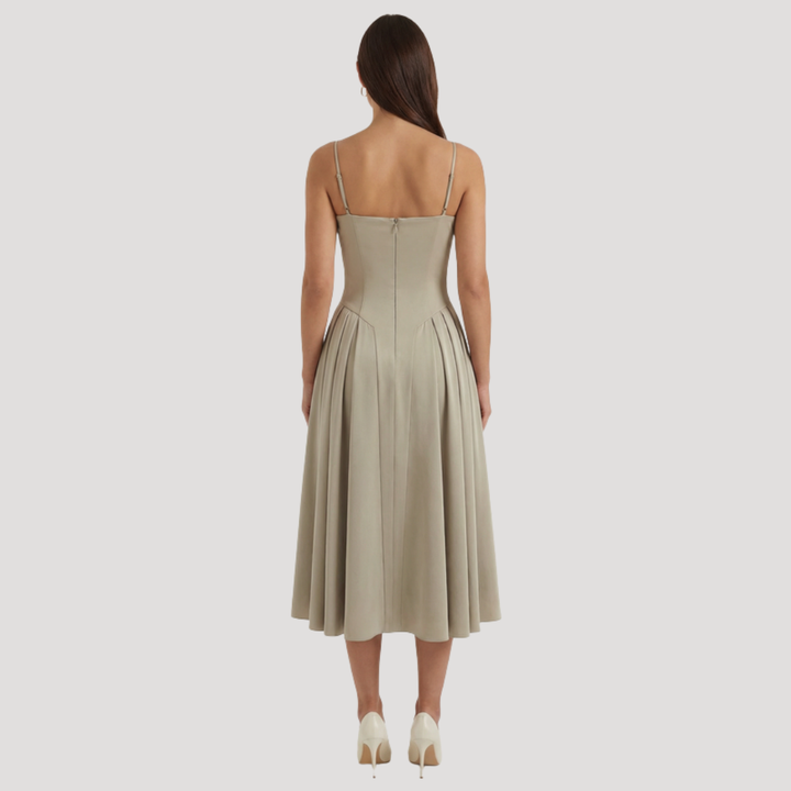 Kendra – Bustier Midi Dress with Gathered A-Line Skirt