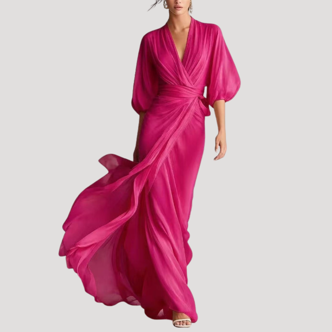 Kayla – Flowing Wrap Maxi Dress with Bishop Sleeves