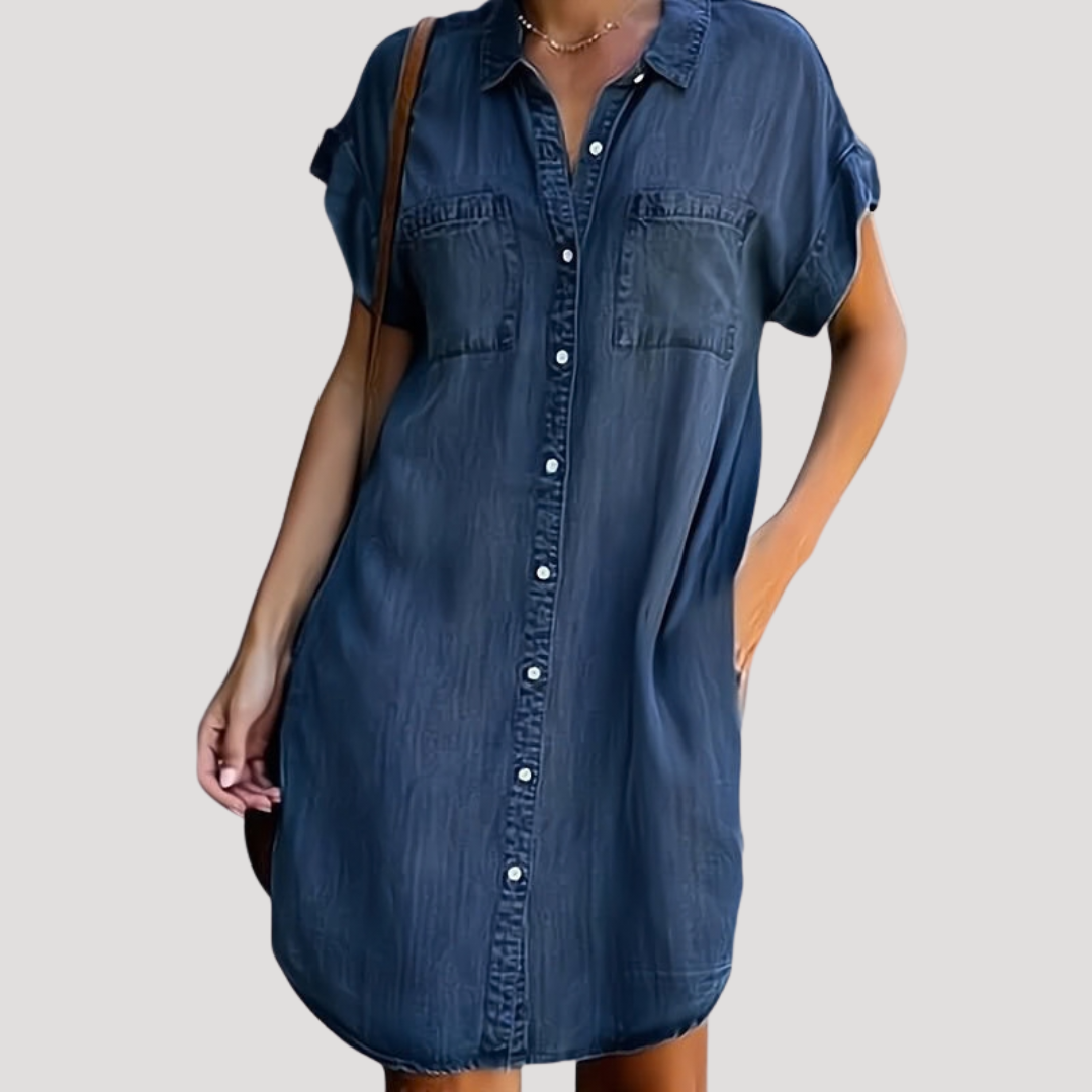 Keira – Denim-Style Shirt Dress with Short Sleeves