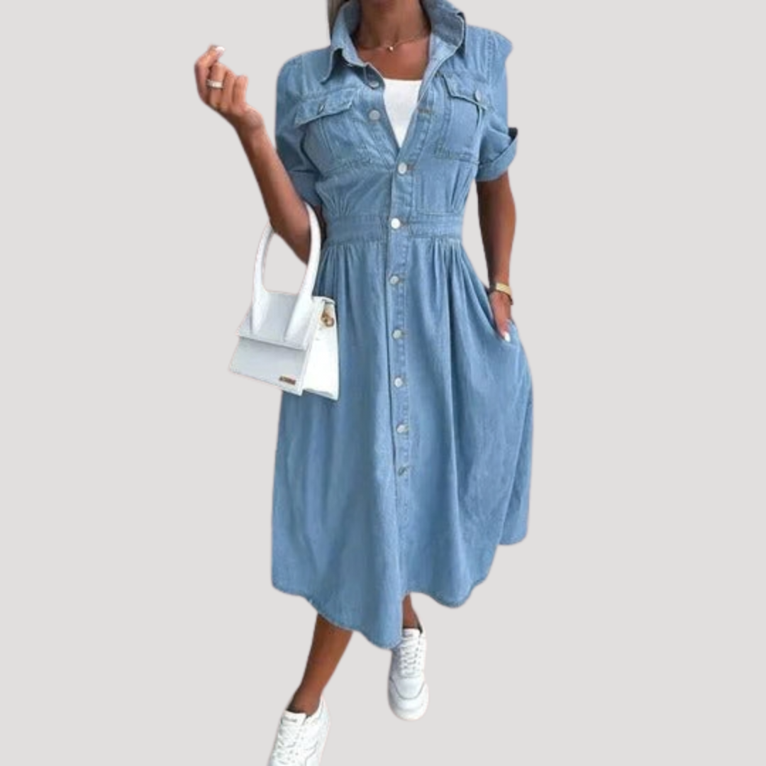 Karina – Denim-Look Shirt Dress with Cinched Waist