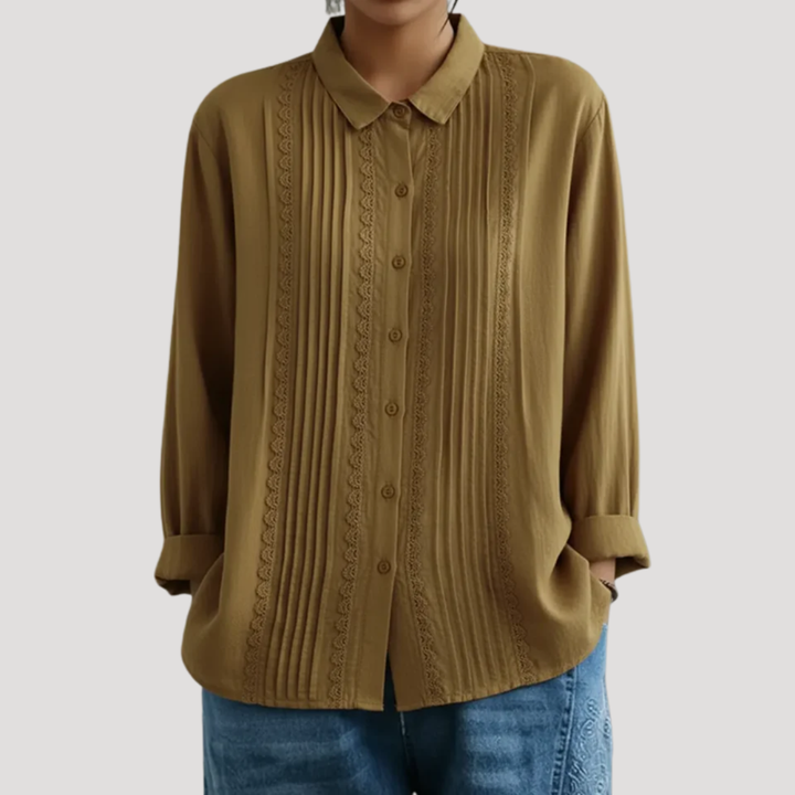 Mackenzie – Pleated Button-Down Blouse with Openwork Trim