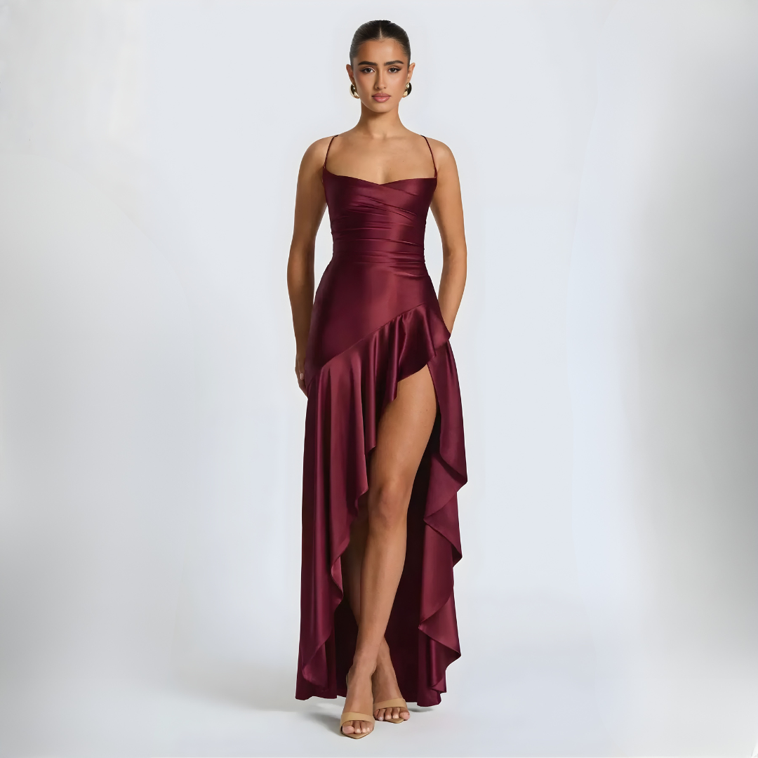 June – Cowl Neck Maxi Dress with High Slit and Ruffle Hem