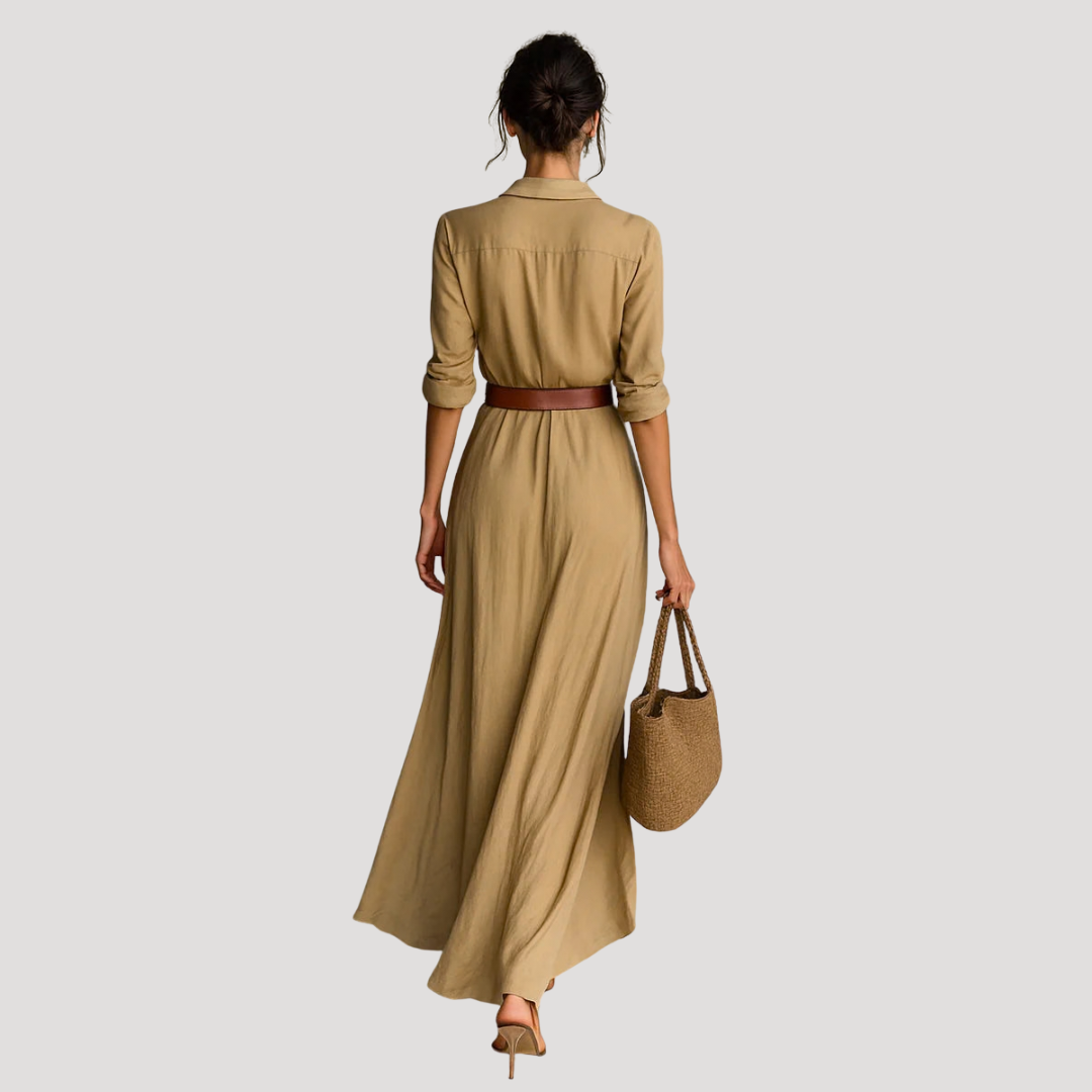 Kira – Belted Maxi Shirt Dress with Long Sleeves