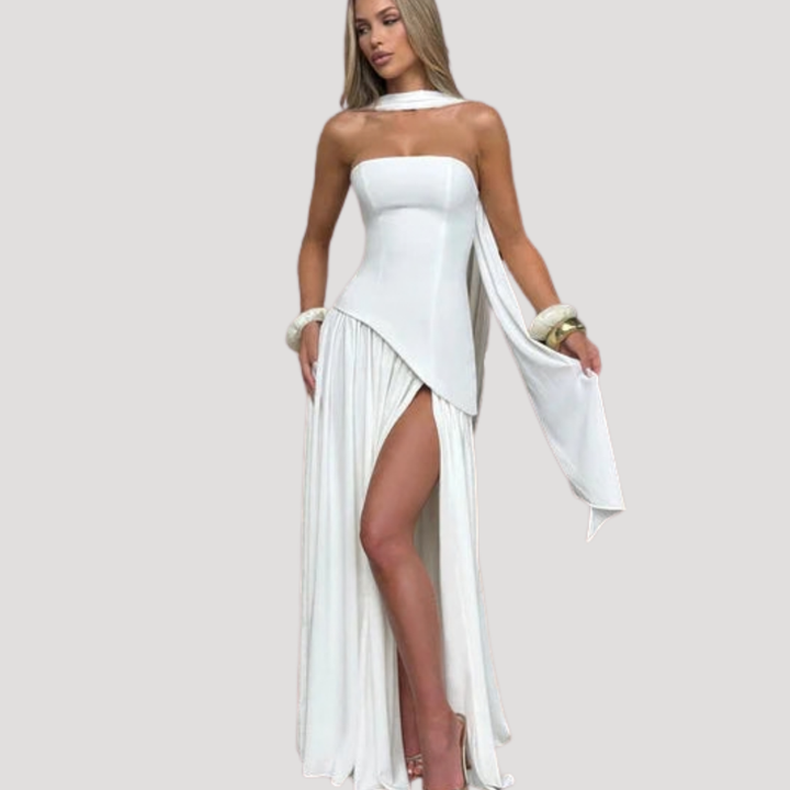 Juliet – Strapless Pleated Maxi Dress with Neck Scarf Detail