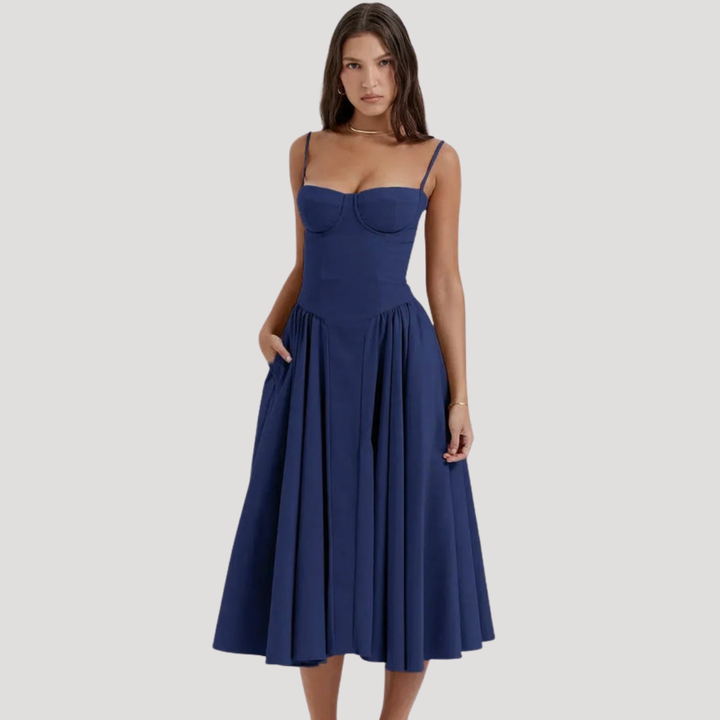 Joy – Corset Bodice Midi Dress with Pleated A-Line Skirt