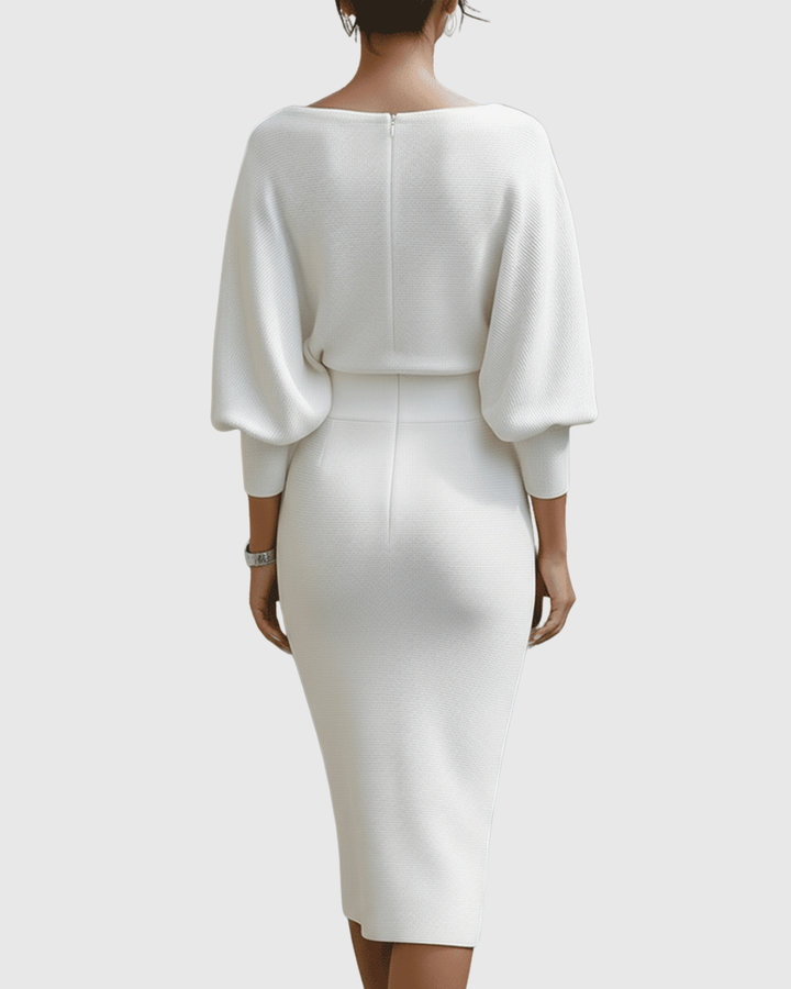 Genevieve – Draped Cowl-Neck Bodycon Midi Dress