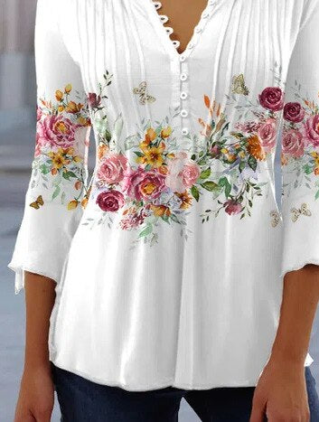 Angelica – Floral Print Pintuck Blouse with Button Placket
