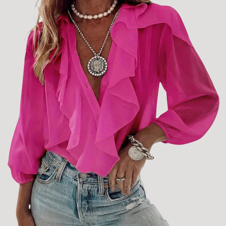 Mabel – V Neck Ruffle Front Blouse with Long Sleeves