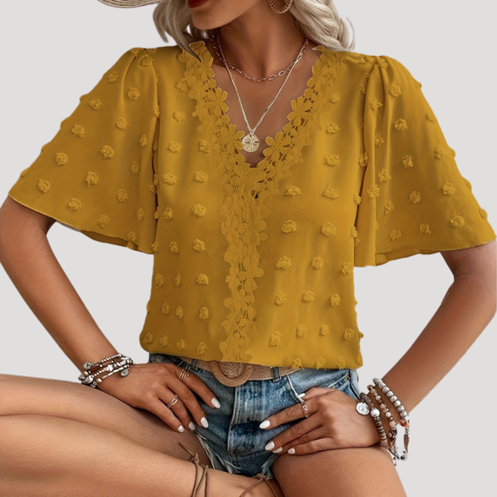 Maggie – Flutter Sleeve V-Neck Blouse with Pom-Pom Texture