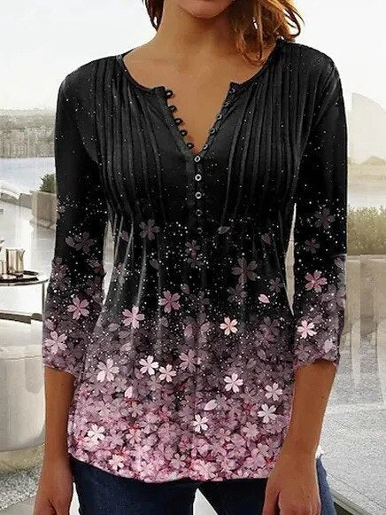 Angelica – Floral Print Pintuck Blouse with Button Placket
