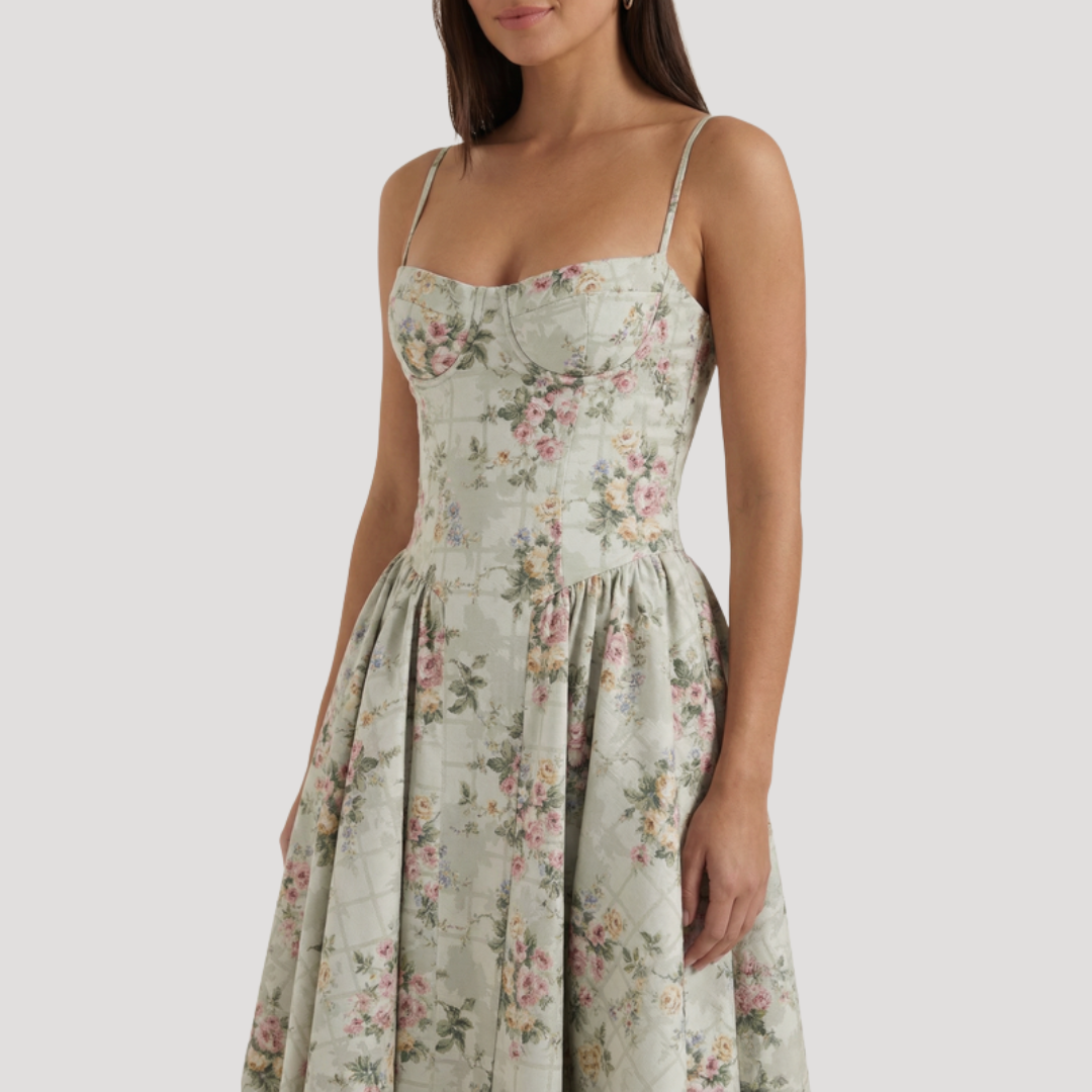 Kendra – Bustier Midi Dress with Gathered A-Line Skirt