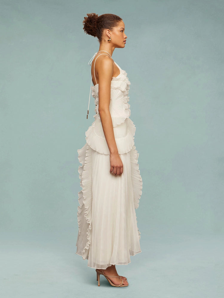 Vivienne – Pleated Halter Maxi Dress with Cascade Ruffle