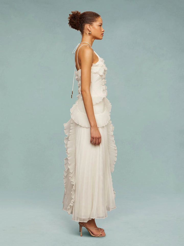 Vivienne – Pleated Halter Maxi Dress with Cascade Ruffle