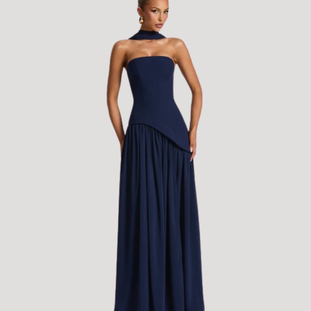Juliet – Strapless Pleated Maxi Dress with Neck Scarf Detail