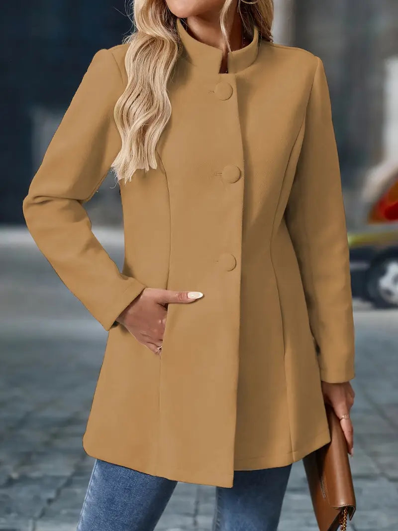 Liv – Stand-Collar Longline Blazer with Covered Buttons