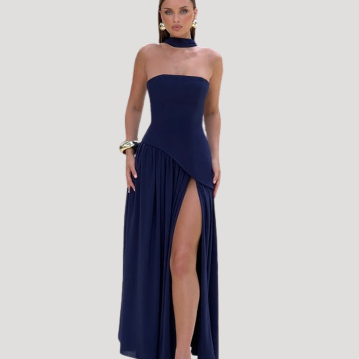 Juliet – Strapless Pleated Maxi Dress with Neck Scarf Detail
