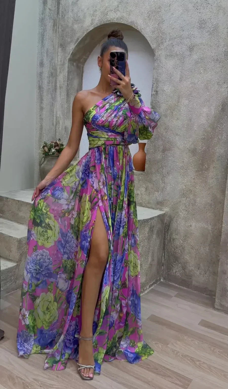 Alexa – Floral One-Shoulder Puff-Sleeve Maxi Dress